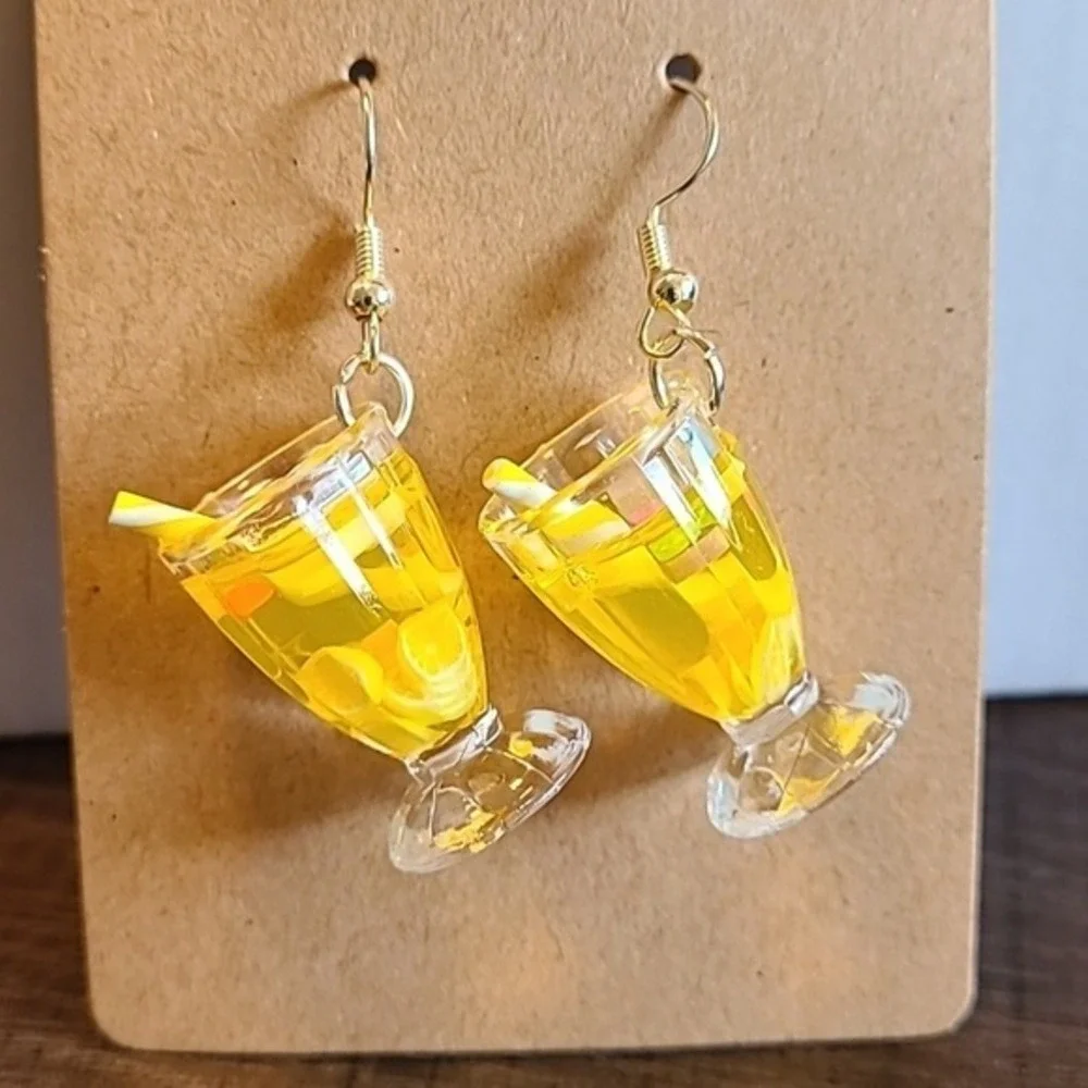 Handmade Yellow Lemonade Glass Drink Earrings Miniature Food Dangle Drops Summer